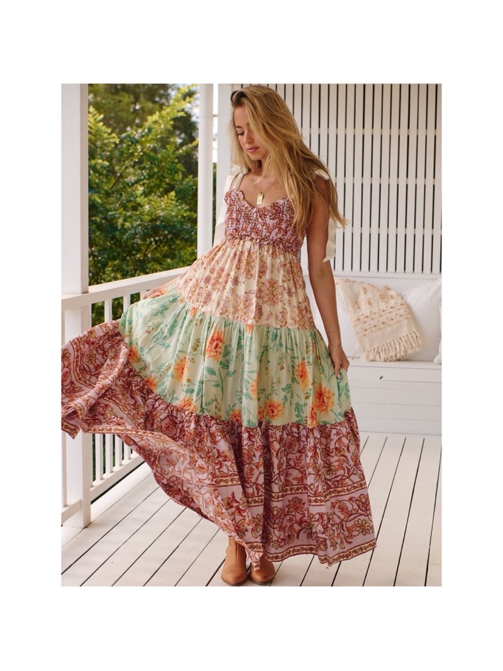 Free People Tiered Boho Maxi Dress in Mint and Rust Floral
